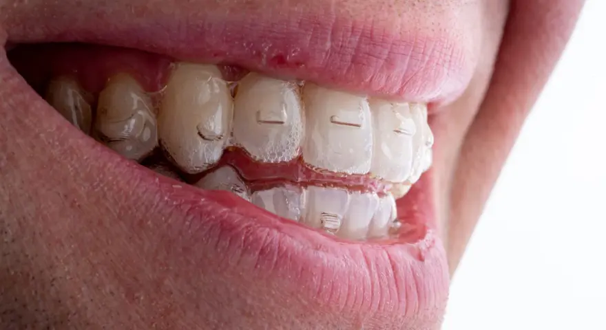 Uśmiech z przezroczystymi nakładkami Invisalign. Zastanawiasz się nad Invisalign cena? To inwestycja w prosty zgryz.