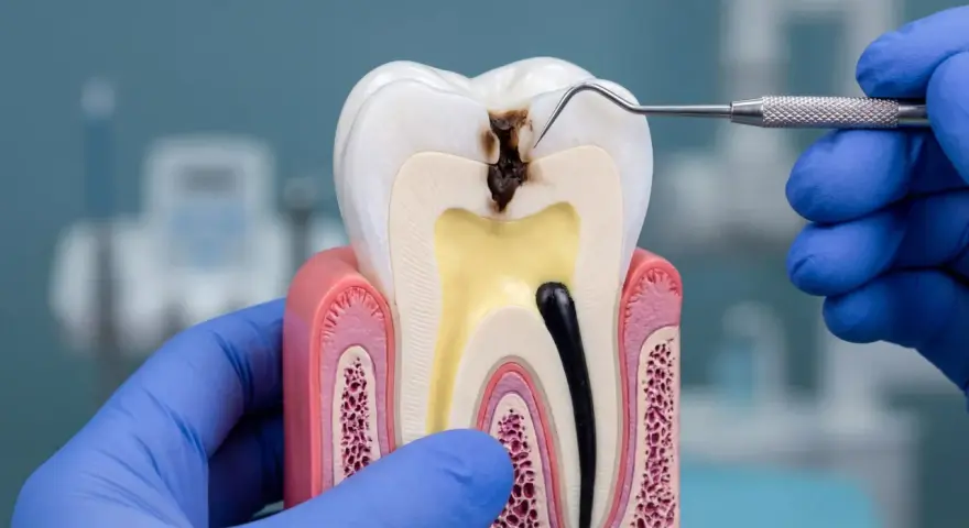 Model zęba pokazuje zaawansowaną próchnicę, która dotarła do miazgi. Dentysta w niebieskiej rękawiczce bada ubytek.