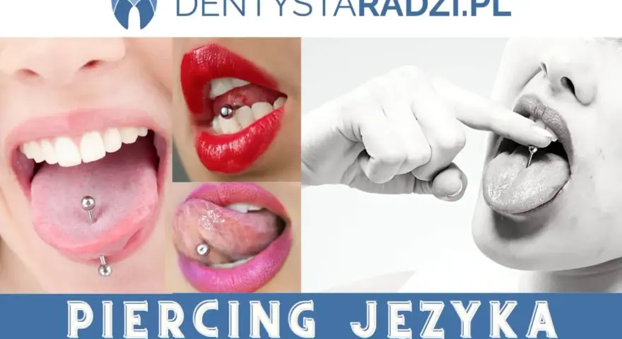 Kolczyk w języku: zbliżenia na usta i języki z widocznym kolczykiem. Informacja o bezpieczeństwie piercingu.
