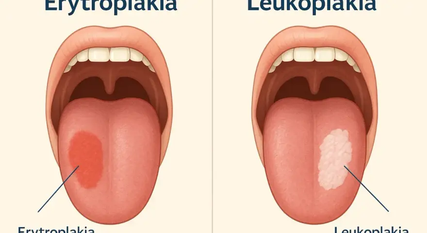 Zdjęcia pokazują objawy raka jamy ustnej: erytroplakię (czerwona plama na języku) i leukoplakię (biała plama na języku).