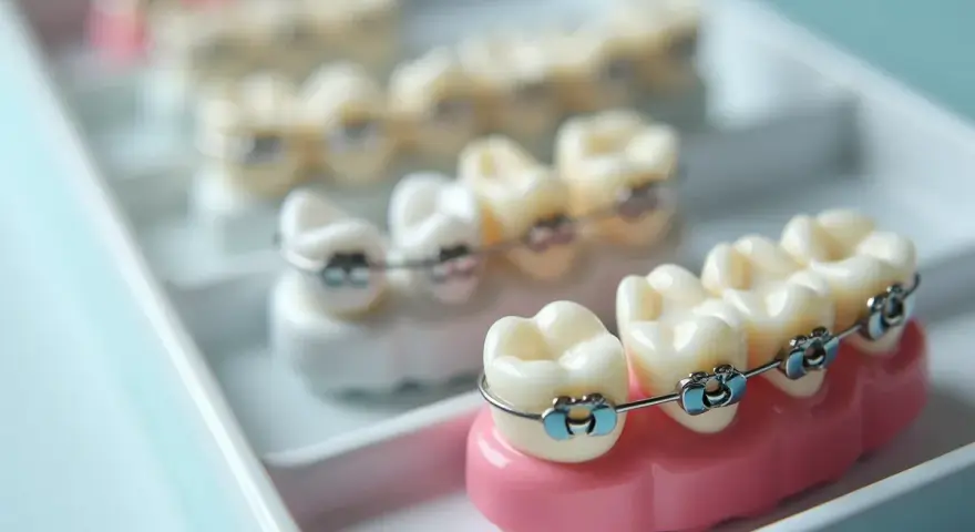 Modele zębów z aparatami ortodontycznymi w różnych kolorach, ułożone w białej tacce.